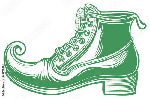 Vibrant green leprechaun shoe with whimsical curly pointed toe and classic laces graphic illustration
