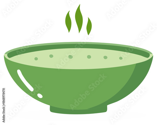 Steaming green healthy soup or herbal drink in a simple bowl illustration