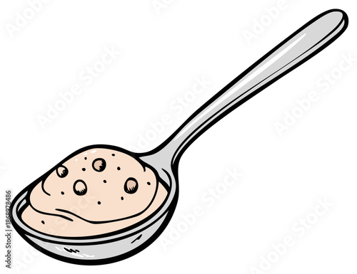 Cartoon illustration of a spoon holding creamy speckled substance
