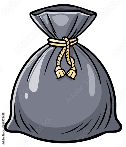 Full Grey Trash Bag Tied Securely With Rope String Awaiting Disposal