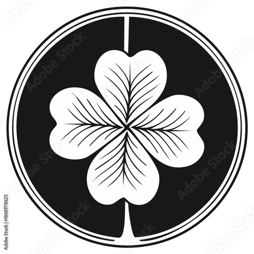 Japanese mon style emblem of a four-leaf clover symbol for good luck and fortune