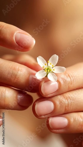 Wallpaper Mural Delicate hands cradle a tiny white flower with yellow stamen, soft focus Torontodigital.ca