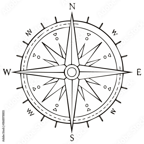 Classic Navigational Compass Rose Line Art Illustration for Direction and Travel