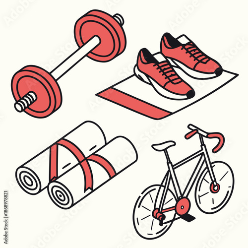 Fitness Equipment and Gym Workout Flat Vector Icon Set