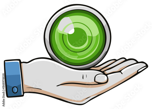 Stylized hand presents a vibrant green round object symbolizing vision technology