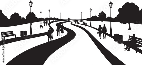 Black and White Park Scene with People Walking