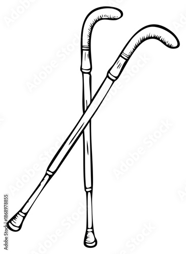 Two crossed walking canes vintage style black and white line art illustration