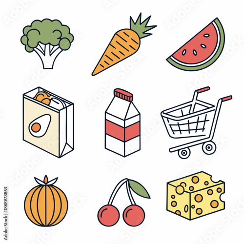 Flat Vector Grocery Products Icon Set for Supermarket Shopping