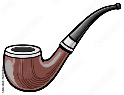 Vintage smoking pipe illustration with wood grain bowl and black stem on white background