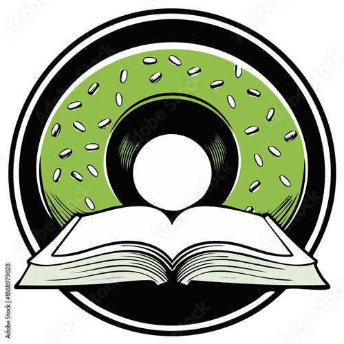 Donut and Open Book Icon Combining Learning and Sweet Treats in a Black Circle Badge Design