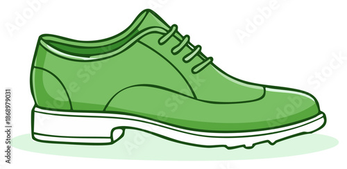 Single cartoon green dress shoe with laces and white sole and heel isolated on white background