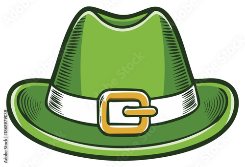 Festive cartoon green hat with a decorative gold buckle and band ready for celebrations