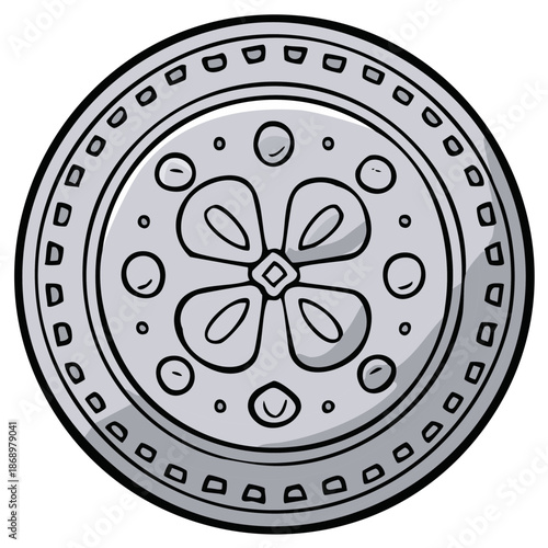 Hand drawn ancient silver coin or medallion with a decorative flower pattern cartoon illustration