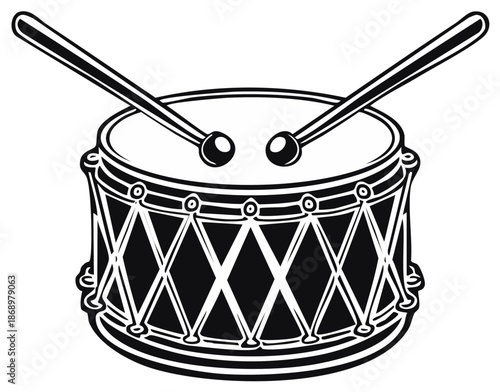 Classic snare drum with crossed drumsticks in a black and white line art vector style