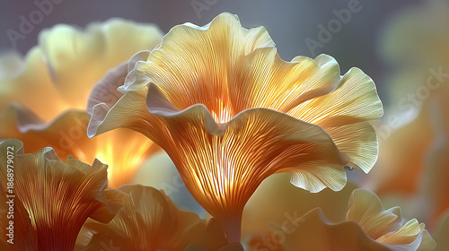 close-up of glowing, ruffled gills of orange and cream mushrooms.