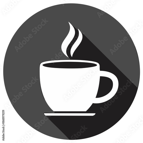 Steaming hot coffee cup icon minimalist flat design with long shadow