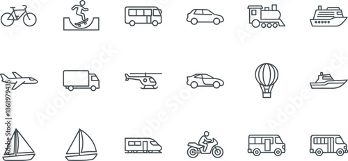 Modern thin line transportation icon set featuring airplane bicycle truck boat train helicopter car and various travel vehicle symbols,