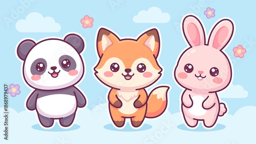 Adorable cartoon animals standing together in a friendly pose.