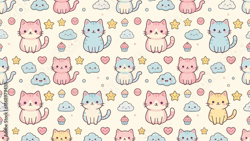Colorful cartoon cats and stars pattern on a light background.