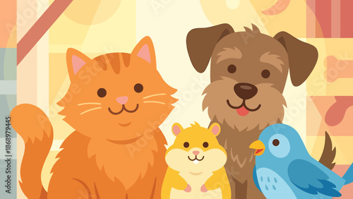 Colorful cartoon illustration of cat, dog, hamster, and bird together.
