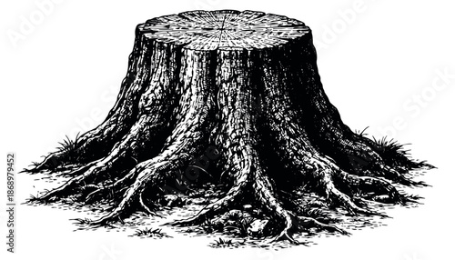 Hand drawn line art illustration of a tree stump depicting a detailed woody texture and exposed roots for nature and environment concepts
