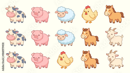 Colorful cartoon farm animals arranged in a grid pattern.