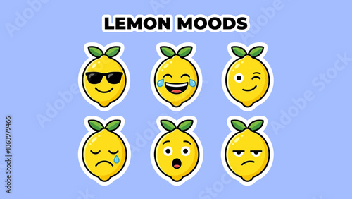 Six cartoon lemons with different facial expressions representing various emotions and moods.