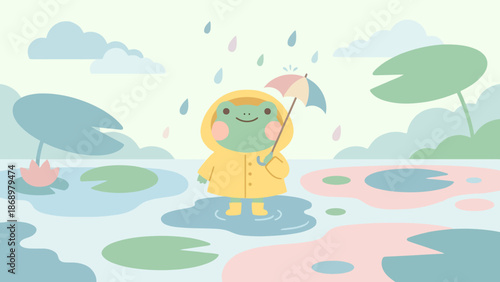 Cartoon frog wearing yellow raincoat and holding umbrella in flooded landscape.