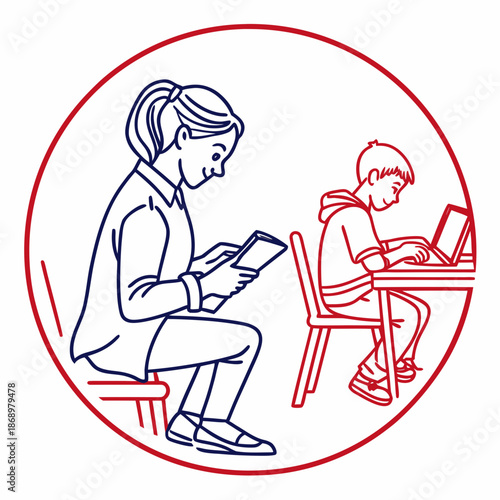 Kids Online Learning Supervision Line Vector Icon