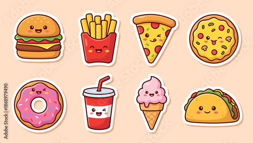 Assorted Cartoon Fast Food and Desserts with Facial Expressions.