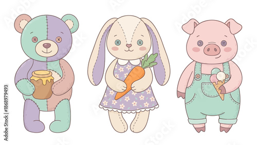 Cartoon animals with Easter treats and vegetables.