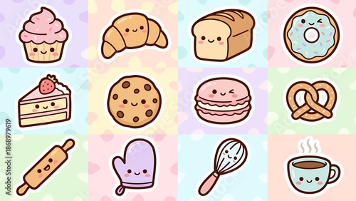 Assorted Cartoon Bakery Items with Smiling Faces on Pastel Background.