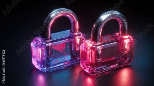Neon Pink and Blue Transparent Padlocks with Illuminated Curved Shackle on Dark Surface