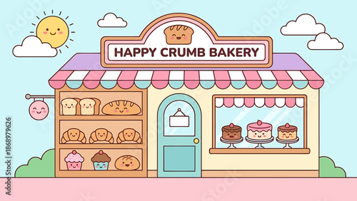Colorful cartoon bakery storefront with sweet pastries and desserts on display.