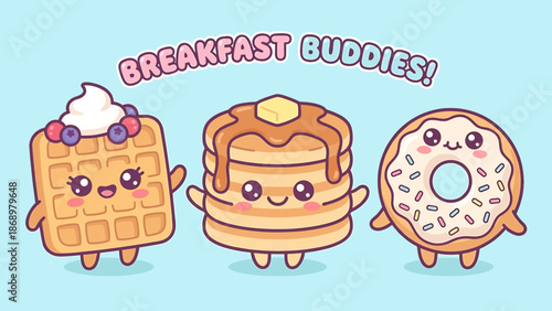 Cartoon breakfast foods with smiling faces and arms together.