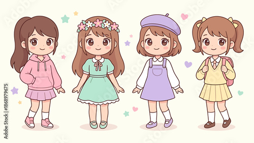 Four cartoon girls in different outfits and hairstyles standing together.
