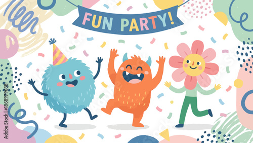 Colorful cartoon characters having fun at a party together.