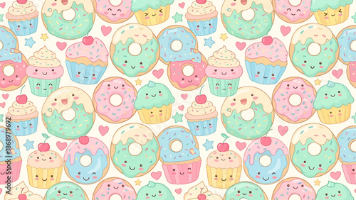 Colorful cartoon donuts pattern with pastel colors and cute faces.