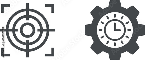 Target crosshair and clock inside gear icons vector illustration for precision timing project management efficiency and strategic focus,