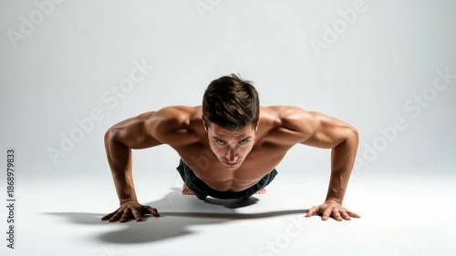 Muscular man doing push-ups on a white background, fitness and exercise concept