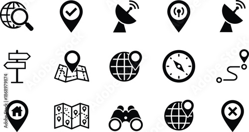 Navigation and GPS location solid icons set featuring map pins binoculars compass satellite dish globe and route tracking,
