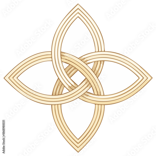 Symmetrical Celtic four leaf knot with interwoven golden lines vector illustration