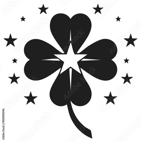 Four Leaf Clover with a Star Center and Surrounding Stars Lucky Symbol