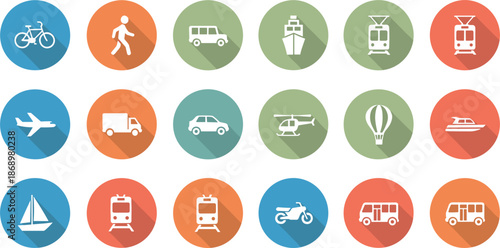 Flat transportation icons set with long shadows featuring bicycle airplane boat train helicopter bus and various vehicle symbols,