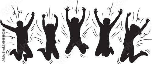 Silhouettes of people jumping in celebration and excitement