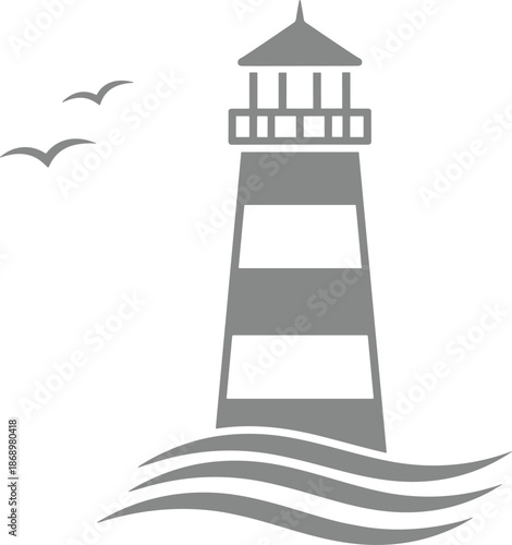 Lighthouse silhouette vector illustration with ocean waves and seagulls for maritime travel nautical navigation safety and coastal landscape,