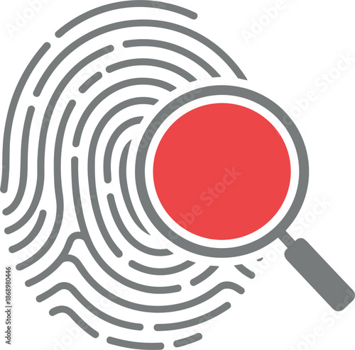 Fingerprint identification icon with red magnifying glass vector illustration for forensic science biometric security criminal investigation and privacy,