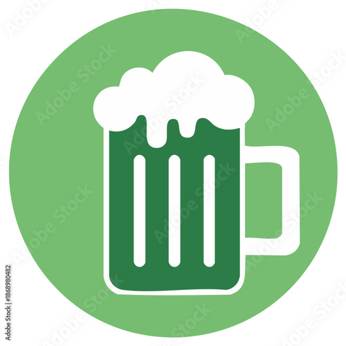 Green beer mug with foam icon on green background