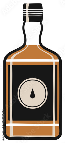 Stylized Whiskey Bottle Illustration with Black Label and Brown Liquid Inside for Beverage Advertising and Product Design
