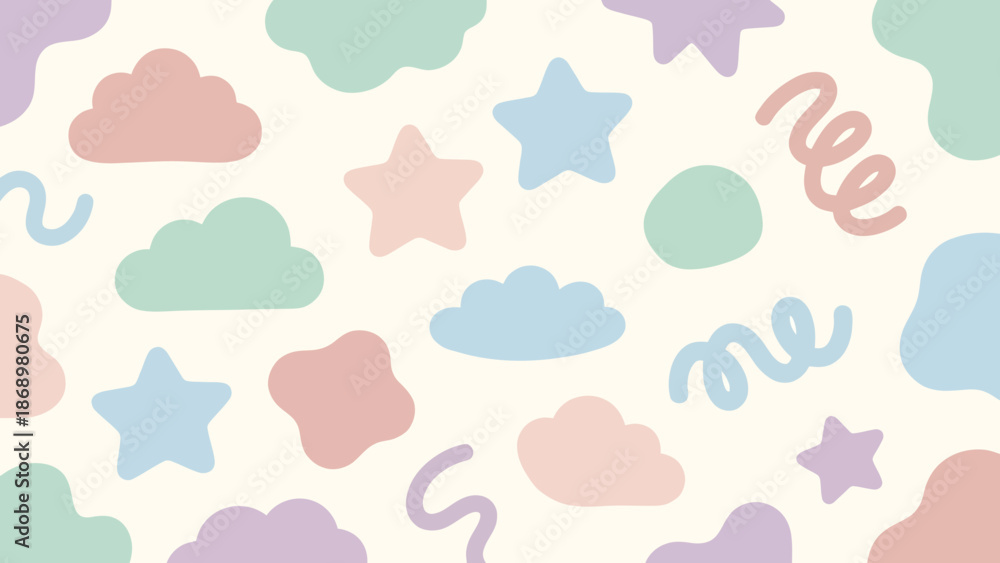 Fototapeta premium Pastel colored clouds, stars, and squiggles on a cream background, whimsical pattern.